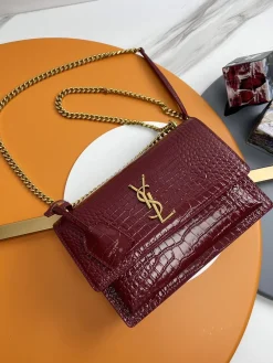SAINT LAURENT Shoulder Bags Crocodile Leather (Burgundy-Gold) 22X8X16 E30202608082010