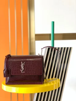 SAINT LAURENT Shoulder Bags Crocodile Leather (Burgundy-Silver) 22X8X16CM E60202608080396