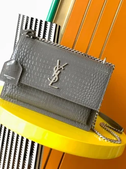 SAINT LAURENT Shoulder Bags Crocodile Leather (Gray-Silver) 22X8X16CM E60202608080397