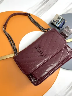 SAINT LAURENT Shoulder Bags Lambskin (Burgundy-Black) 28X21X8CM D50202608082541