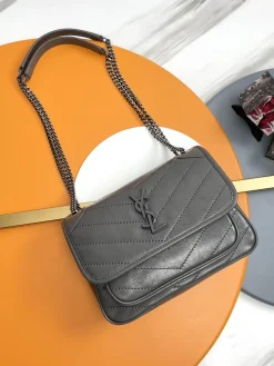 SAINT LAURENT Shoulder Bags Pleated Calfskin (Gray-Black) 22X16X7CM D30202608082536
