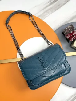 SAINT LAURENT Shoulder Bags Pleated Calfskin (Teal-Black) 22X16X7CM D30202608082229