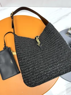 SAINT LAURENT Shoulder Bags Raffia (Black-Gold) 30X31X13CM F00202608082580