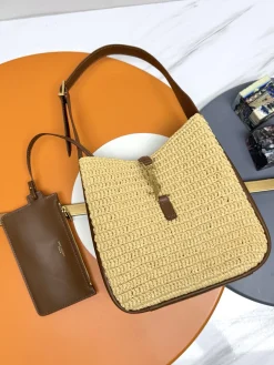 SAINT LAURENT Shoulder Bags Raffia Leather (Beige-Brown) 22X22X10CM E30202608082577