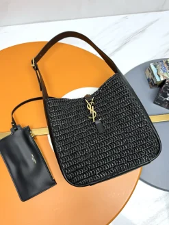 SAINT LAURENT Shoulder Bags Raffia Leather (Black-Gold) 22X22X10CM E30202608082578