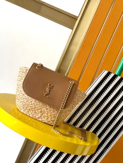SAINT LAURENT Shoulder Bags Straw and Leather (Brown-Gold) 23X12X6CM E00202608080480
