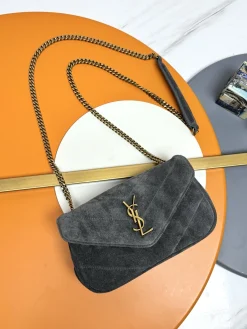 SAINT LAURENT Shoulder Bags Suede Leather (Gray-Gold) 20X12X6CM E10202608082594