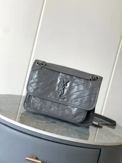 SAINT LAURENT Shoulder Bags Waxed Calf Leather (Grey-Silver) 28x20x9 E70202608082173