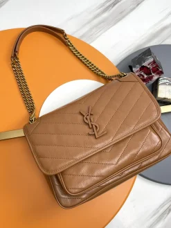SAINT LAURENT Shoulder Bags Waxed Calfskin (Brown-Gold) 22X16X7CM D70202608082542