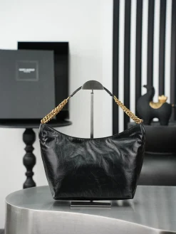 SAINT LAURENT Shoulder Bags Waxed Leather (Black-Gold) 23X19X9CM E00202608080803