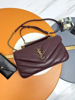 SAINT LAURENT Top Handle Bags Lamb Leather (Burgundy-Gold) 25X13X6CM E50202608080233