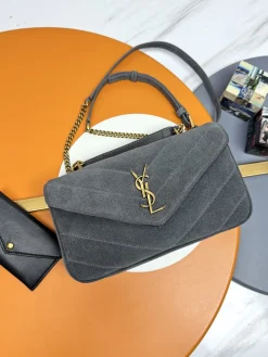 SAINT LAURENT Top Handle Bags Lamb Leather (Gray-Gold) 25X13X6CM E50202608080230