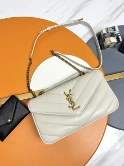 SAINT LAURENT Top Handle Bags Lamb Leather (White-Gold) 25X13X6CM E50202608080234