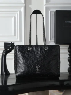 SAINT LAURENT Totes Bags Calfskin Leather (Black-Silver) 33X27X14CM E50202608080791