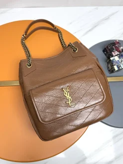 SAINT LAURENT Totes Bags Calfskin Leather (Brown-Gold) 25X30X8-12CM E30202608082272