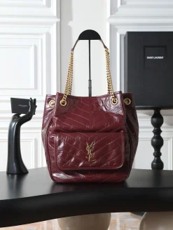 SAINT LAURENT Totes Bags Calfskin Leather (Burgundy-Gold) 25X30X8-12CM E20202608080781