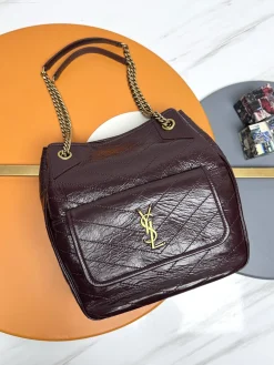 SAINT LAURENT Totes Bags Calfskin Leather (Burgundy-Gold) 25X30X8-12CM E30202608082271
