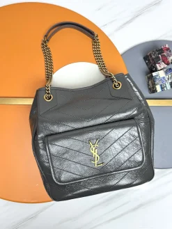 SAINT LAURENT Totes Bags Calfskin Leather (Grey-Gold) 25X30X8-12CM E30202608082270