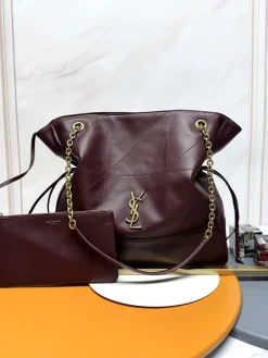 SAINT LAURENT Totes Bags Lambskin Leather (Burgundy-Gold) 34X27X3CM F10202608082478
