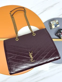 SAINT LAURENT Totes Bags Leather (Burgundy-Gold) 33X27X14CM D90202608082433
