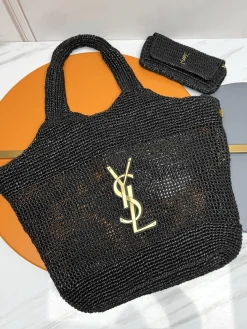 SAINT LAURENT Totes Bags Raffia (Black-Gold) 58X47X8CM F30202608080299