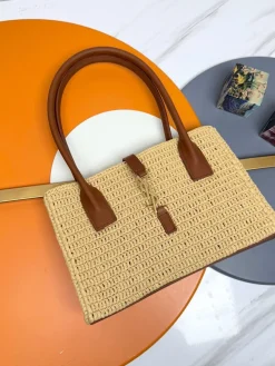 SAINT LAURENT Totes Bags Raffia Leather (Beige-Brown) 29X21X9CM F30202608082586