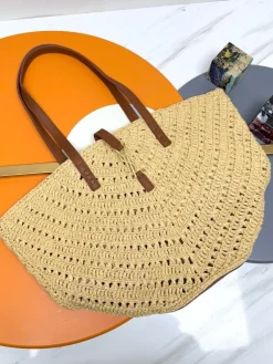 SAINT LAURENT Totes Bags Raffia Leather (Beige-Brown) 44X20X21CM F30202608082103