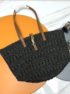 SAINT LAURENT Totes Bags Raffia Leather (Black-Brown) 55X31X28CM E30202608082581