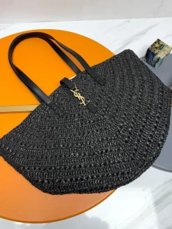 SAINT LAURENT Totes Bags Raffia Leather (Black-Gold) 44X20X21CM F30202608082582