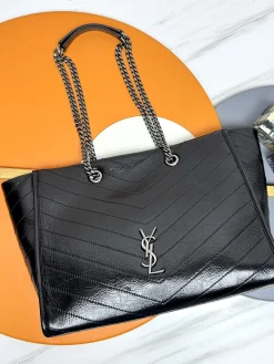 SAINT LAURENT Totes Bags Vintage Calfskin Leather (Black-Silver) 33X27X14CM D90202608082434