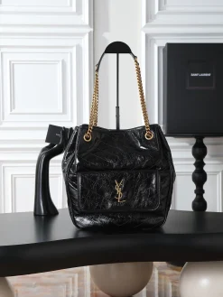 SAINT LAURENT Totes Bags Waxed Calfskin (Black-Gold) 25X30X8-12CM E20202608080782