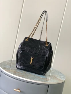 SAINT LAURENT Totes Bags Waxed Calfskin (Black-Gold) 25X30X8CM F00202608082165
