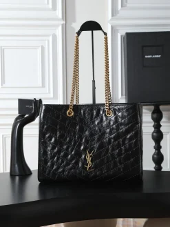 SAINT LAURENT Totes Bags Waxed Calfskin (Black-Gold) 33X27X14CM E50202608080797