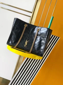 SAINT LAURENT Totes Bags Waxed Calfskin (Black-Gold) 33X27X14CM F20202608080502