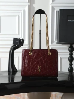 SAINT LAURENT Totes Bags Waxed Calfskin (Burgundy-Gold) 25X19X10CM D90202608080796