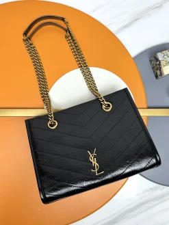 SAINT LAURENT Totes Bags Waxed Calfskin Leather (Black-Gold) 25X19X10CM D50202608082431