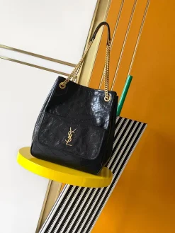 SAINT LAURENT Totes Bags Waxed Calfskin Leather (Black-Gold) 25X30X8-12CM G00202608080441