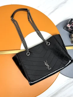 SAINT LAURENT Totes Bags Waxed Calfskin Leather (Black-Silver) 25X19X10CM D50202608082430