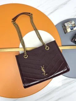 SAINT LAURENT Totes Bags Waxed Calfskin Leather (Burgundy-Gold) 25X19X10CM D50202608082429