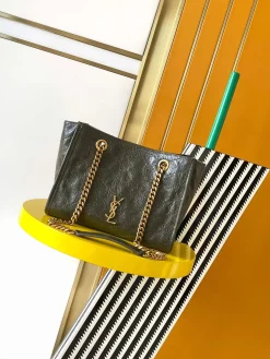 SAINT LAURENT Totes Bags Waxed Calfskin Leather (Green-Gold) 25X22X10CM E30202608080504