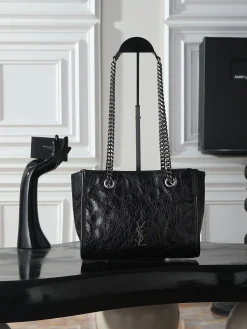 SAINT LAURENT Totes Bags Waxed Leather (Black-Silver) 25X19X10CM D90202608080792