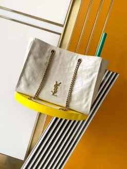 SAINT LAURENT Totes Bags Waxed Leather (White-Gold) 33X27X14CM F20202608080501