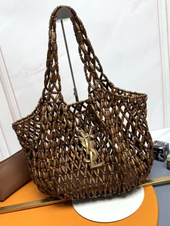 SAINT LAURENT Totes Bags Wood Beads Leather (Brown-Gold) 31-46X28X16CM F00202608080238