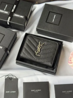 SAINT LAURENT Wallet Bags Calf Leather (Black-Silver) 12X10X3CM B00202608081331