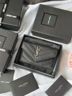 SAINT LAURENT Wallet Bags Calf Leather (Black-Silver) 13X8X2CM A60202608081267