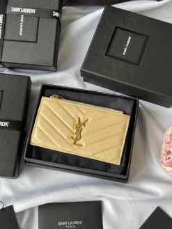SAINT LAURENT Wallet Bags Calfskin Leather (Beige-Gold) 13X8X2CM A00202608081259