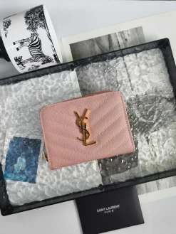 SAINT LAURENT Wallet Bags Calfskin Leather (Pink-Gold) 12X10X3CM B00202608081628