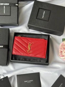 SAINT LAURENT Wallet Bags Calfskin Leather (Red-Gold) 13X8X2CM A00202608081262