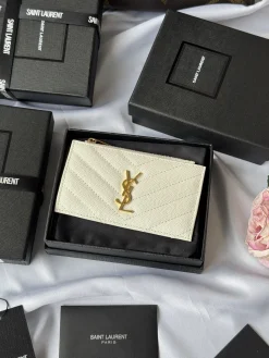 SAINT LAURENT Wallet Bags Calfskin Leather (White-Gold) 13X8X2CM A00202608081261