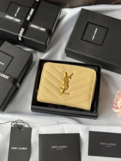 SAINT LAURENT Wallet Bags Caviar Leather (Beige-Gold) 12X10X3CM B00202608081328